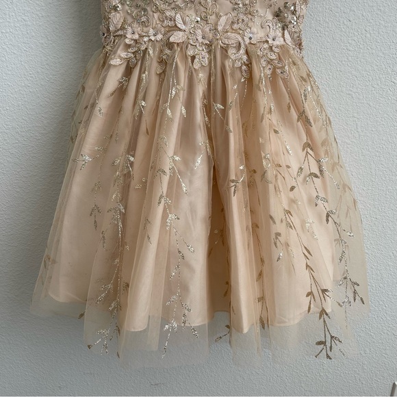 DANCING QUEEN Gold Beige Floral Glitter Tinker Bell Fairy Princess Tulle Dress - Picture 5 of 13